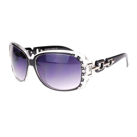 Sa106 Womens Oversized Rectangular Rhinestone Encrusted Chain Arm Fashion Sunglasses Black