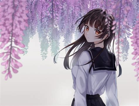 Wallpaper Anime School Girl Cherry Blossom Back View