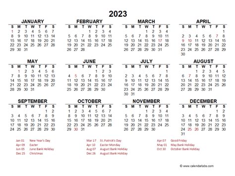 2023 Year At A Glance Calendar With Ireland Holidays Free Printable