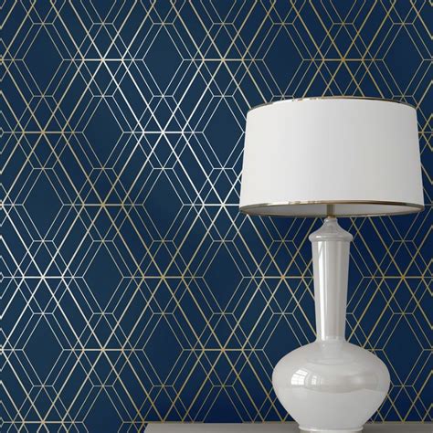 Metro Diamond Geometric Wallpaper Navy Blue And Gold Wow003