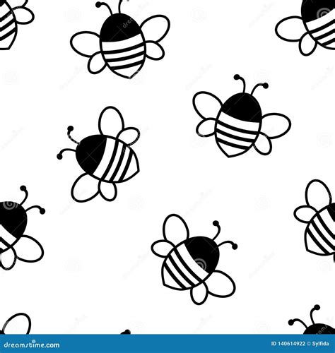Seamless Pattern With Black Cute Bees Vector Illustration Stock