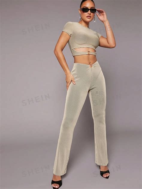 Shein Haute Conjunto De Dos Piezas Top Y Pantalones De Punto Acanalado