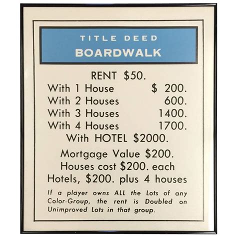 Vintage Monopoly Boardwalk Title Deed Lithograph For Sale At 1stdibs
