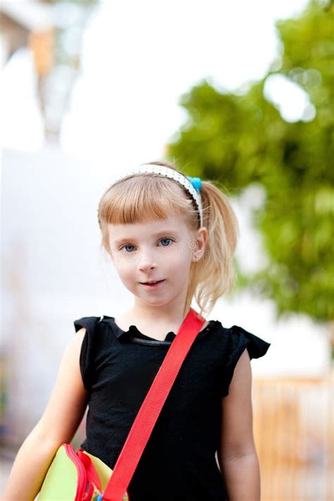Children Little Girl Going To School With Bag Stock Photo Image Of