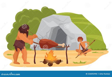 Primitive Neanderthal People Cooking Food Near Cave Prehistoric Stone Age Scene Stock Vector