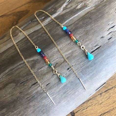 Turquoise Earrings Gold Threader Earrings Colorful Earrings Etsy