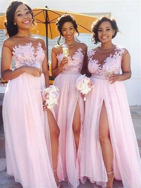 a line princess scoop sleeveless floor length applique chiffon bridesmaid dresses pink