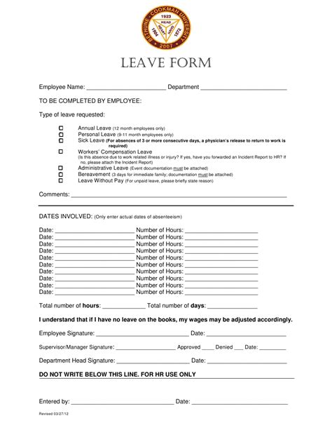 Employee Leave Form Cookman University Fill Out Sign Online And