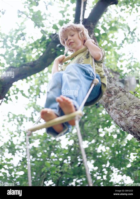 A Boy Climbing On A Rope Ladder In A Tree Stock Photo Alamy
