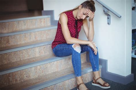 Sad Teenage Girl Sitting Alone Stairs Stock Photos