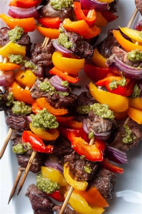 Beef Kabobs In Oven Grilled Beef Kabobs Steak Kabobs Whole30 Pesto