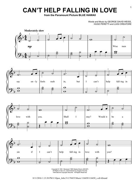 Cant Help Falling In Love Elvis Presley Easy Piano Sheet Music