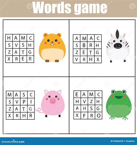 Educational Children Game Word Search Puzzle Kids Activity Animals