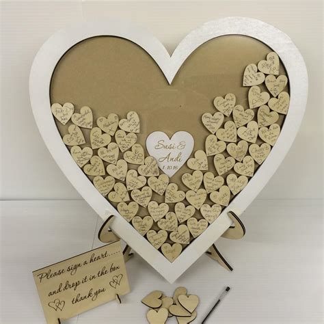 personalised white wedding heart shaped guest book drop box wooden 56 hearts wedding anniversary