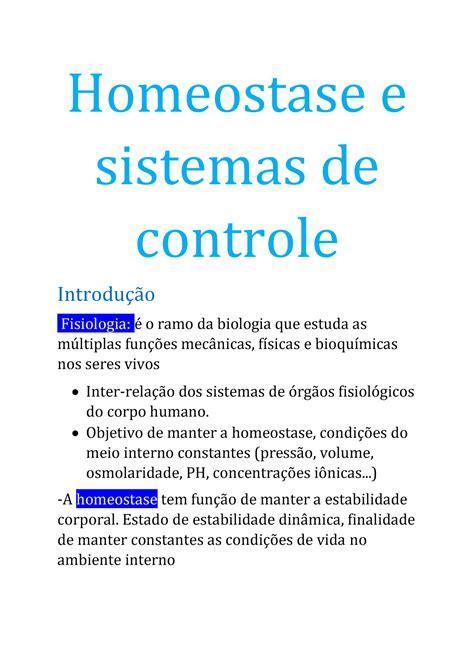 Homeostase E Sistemas De Controle Homeostase E Sistemas De Controle