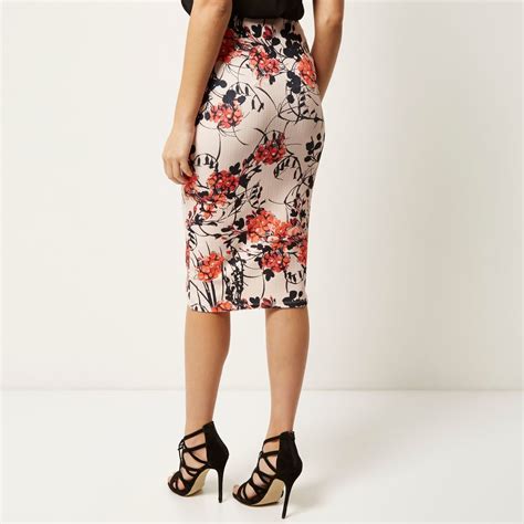 Lyst River Island Pink Floral Print Pencil Skirt In Pink