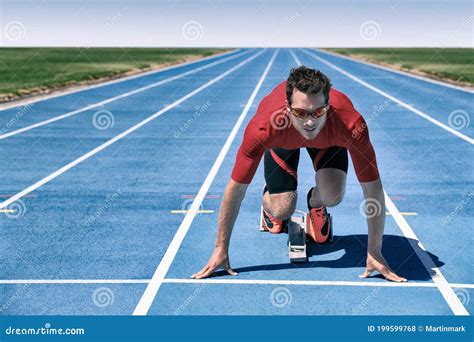 Sprinter Athlete Ready To Start Running Race Waiting At Line On