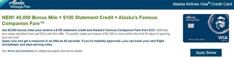 Bonus is broken down as follows: Bank of America Alaska Airlines Visa Credit Card Bonus: 40,000 Bonus Miles + $100 Statement Credit