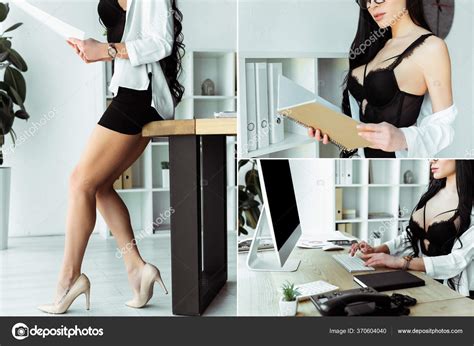Collage Sexy Secretary Holding Paper Notebook Using Computer Office Stock Photo By IgorVetushko