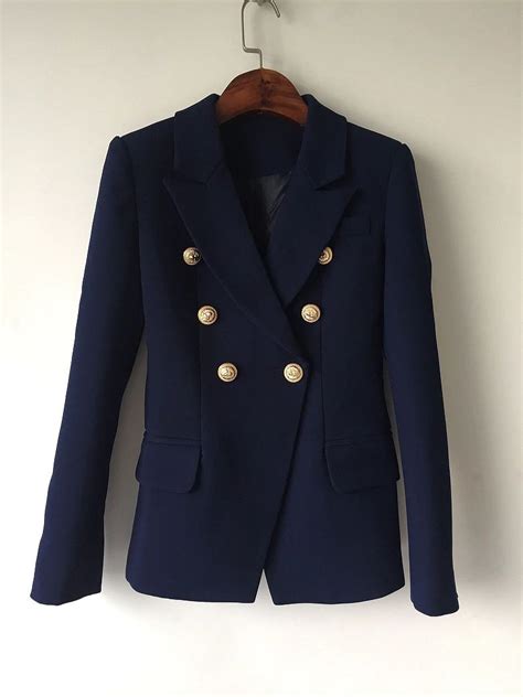 Navy Blue Double Breasted Casual Blazer Autumn Fall Winter Elegant