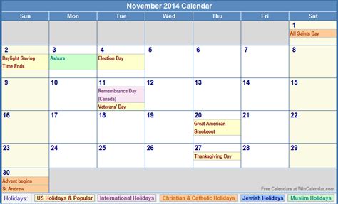 November 2014 Calendar With Holidays As Picture