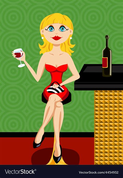 Beautiful Blond Woman At The Bar Drinking Wine Vector Image