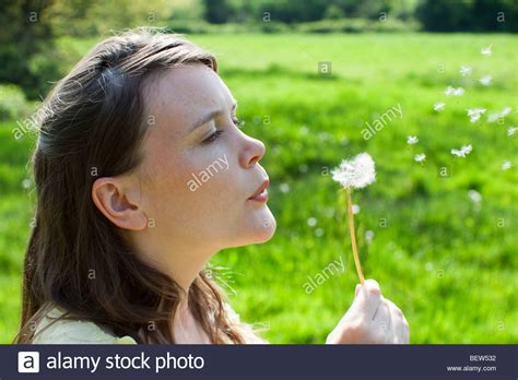 Woman Blowing Dandelion Seeds Stock Photo Alamy