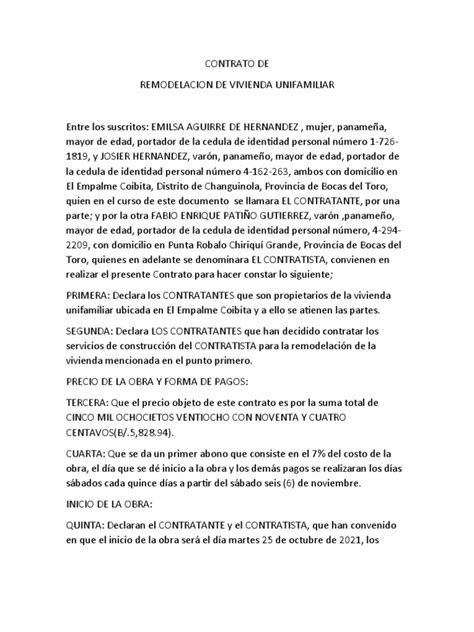 Contrato De Remodelacion Nixlena Constrccion Pdf Hormigón