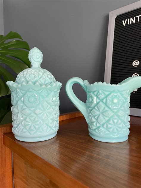 Vintage Fostoria Winburn Aqua Blue Milk Glass Creamer And Etsy