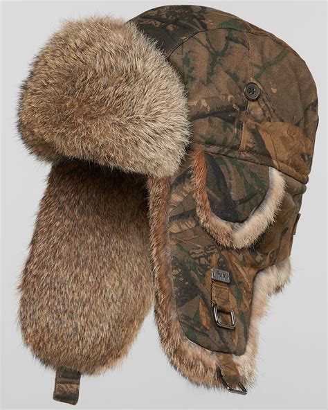 Camouflage Trapper Hat With Natural Brown Rabbit Fur