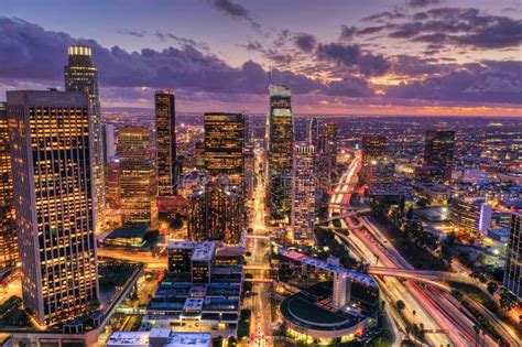 Aerial Shot Of Downtown Los Angeles At Night Stock Image Image Of