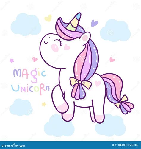 Cute Pony Vector Princess Unicorn Cartoon On Cloud Kawaii Animal Girly