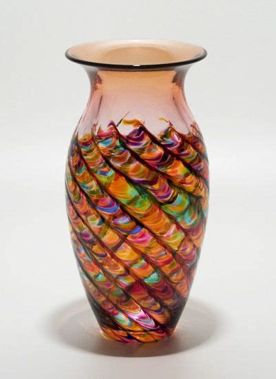Optic Ribbed Vortex Vase Sun And Salmon By Michael Trimpol Monique Lajeunesse Blown Glass