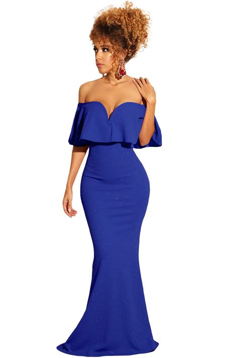 Royal Blue Ruffled Poncho Shiny Off Shoulder Party Gown Party Gowns Strapless Party Dress