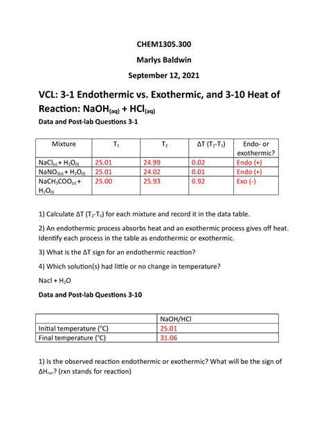 Chem1305 Lab 3 1 And 3 10 Report Chem1305 Marlys Baldwin September