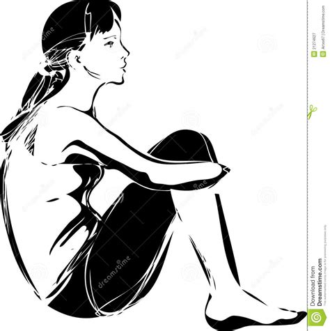 Sketch Of A Girl Sitting Hugging Her Knees Royalty Free Stock