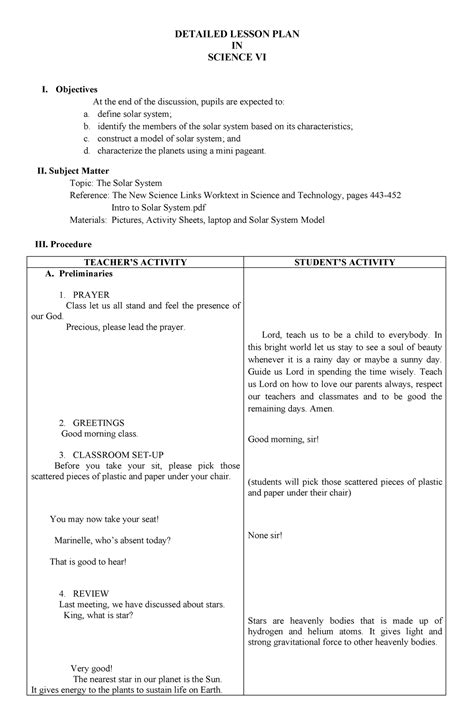 Detailed Lesson Plan Science The Solar System For Grade 6 Pupils Detailed Lesson Plan In