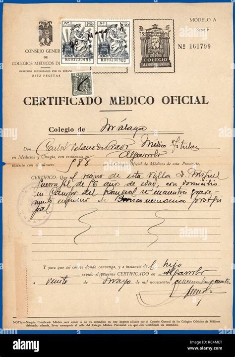 España Certificado Médico Oficial Expedido En Málaga En 1944 Para