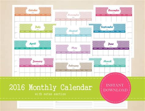 Printable 2016 Monthly Calendar With Notes Section Editable 2016