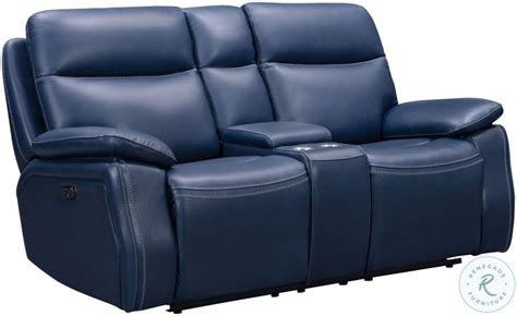 Micah Marco Navy Blue Leather Match Power Reclining Console Loveseat