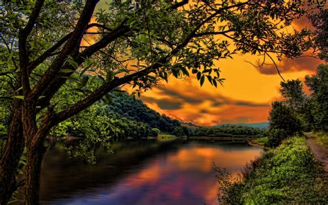 Nature Landscape Sunset Trees Clouds Path Hills Forest Hdr River