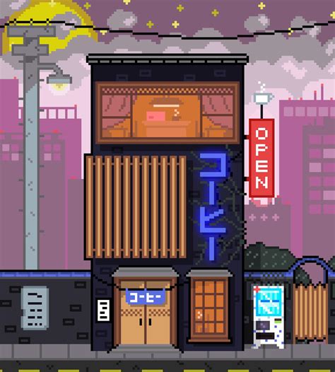 My First Ever Pixel Art A Coffee Shop In A Townhouse Style Building I