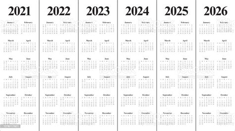 Jahr 2021 2022 2023 2024 2025 2026 Kalender Vektordesignvorlage Stock