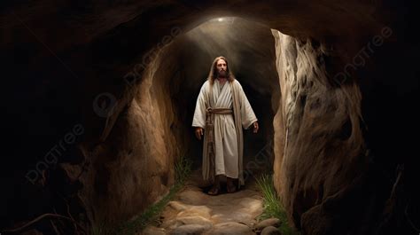 Jesus Standing In A Cave With A Light Coming From Above Him Background