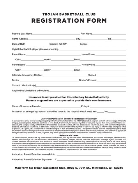 Free Printable Basketball Registration Form Printable Forms Free Online