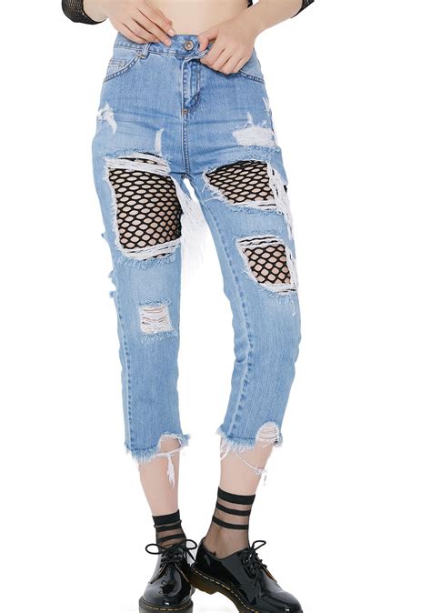 Blue Distressed Fishnet Patch Jeans Dolls Kill