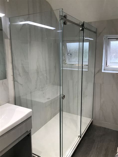 frameless 2 sided serenity sliding shower enclosure installed in slough berkshire glass