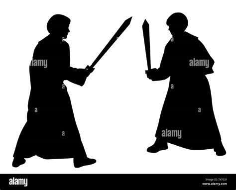 Two Kids Sword Fighting Duel In Medieval Style Costumes Stock Vector