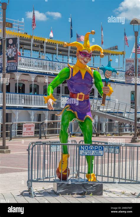 Mardi Gras Themed Jester Statue In Front Of The Creole Queen
