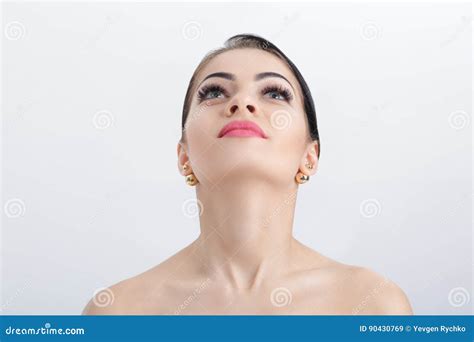 Front Portrait Of Female Neck On Grey Background Close Up Girl With Clean And Lifted Skin Stock